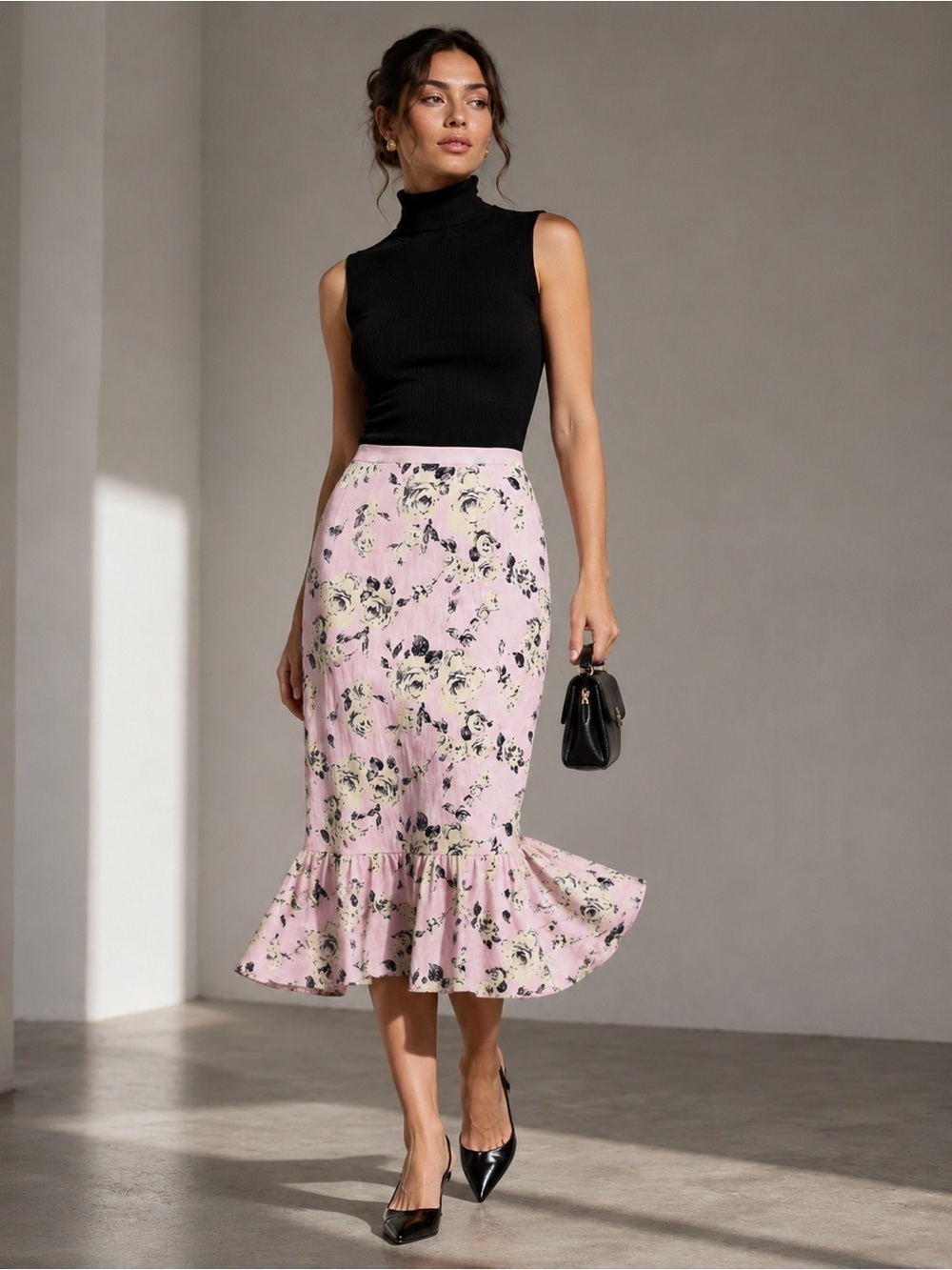 Pink Floral Midi Skirt | Mermaid Ruffle Hem | Women’s XS | Romantic Cottagecore